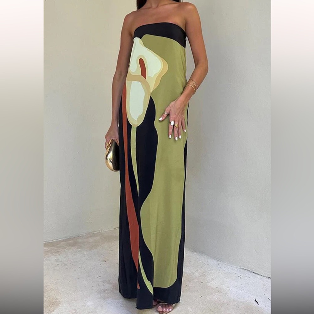 Jaime Abstracted Floral Print Elasticated Off Shoulder Vacation Loose Maxi Dress